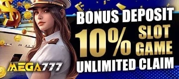 Banner promosi bonus deposit slot 10% Mega777 dengan klaim tanpa batas