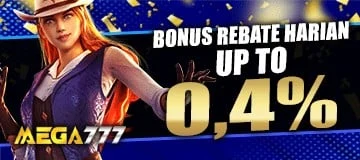 Banner promosi rebate harian 0.4% Mega777 untuk Cookfight