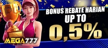 Banner promosi rebate harian 0.5% Mega777 untuk RNG dan fish hunter