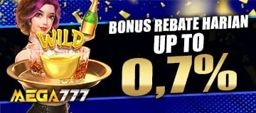 Banner promosi rebate harian 0.7% Mega777 untuk slot, live casino, dan sportsbook