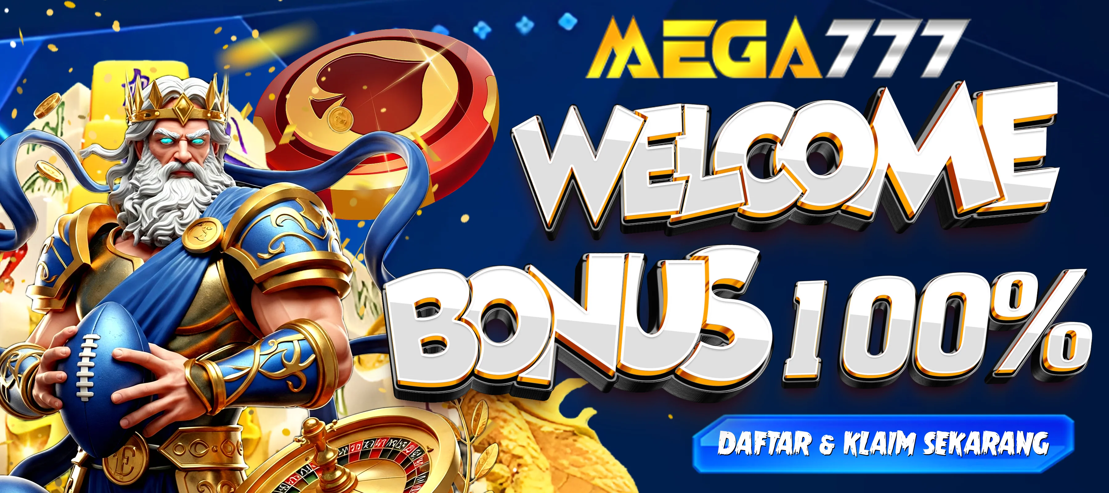 Banner promosi welcome bonus 100% Mega777 untuk slot CQ9